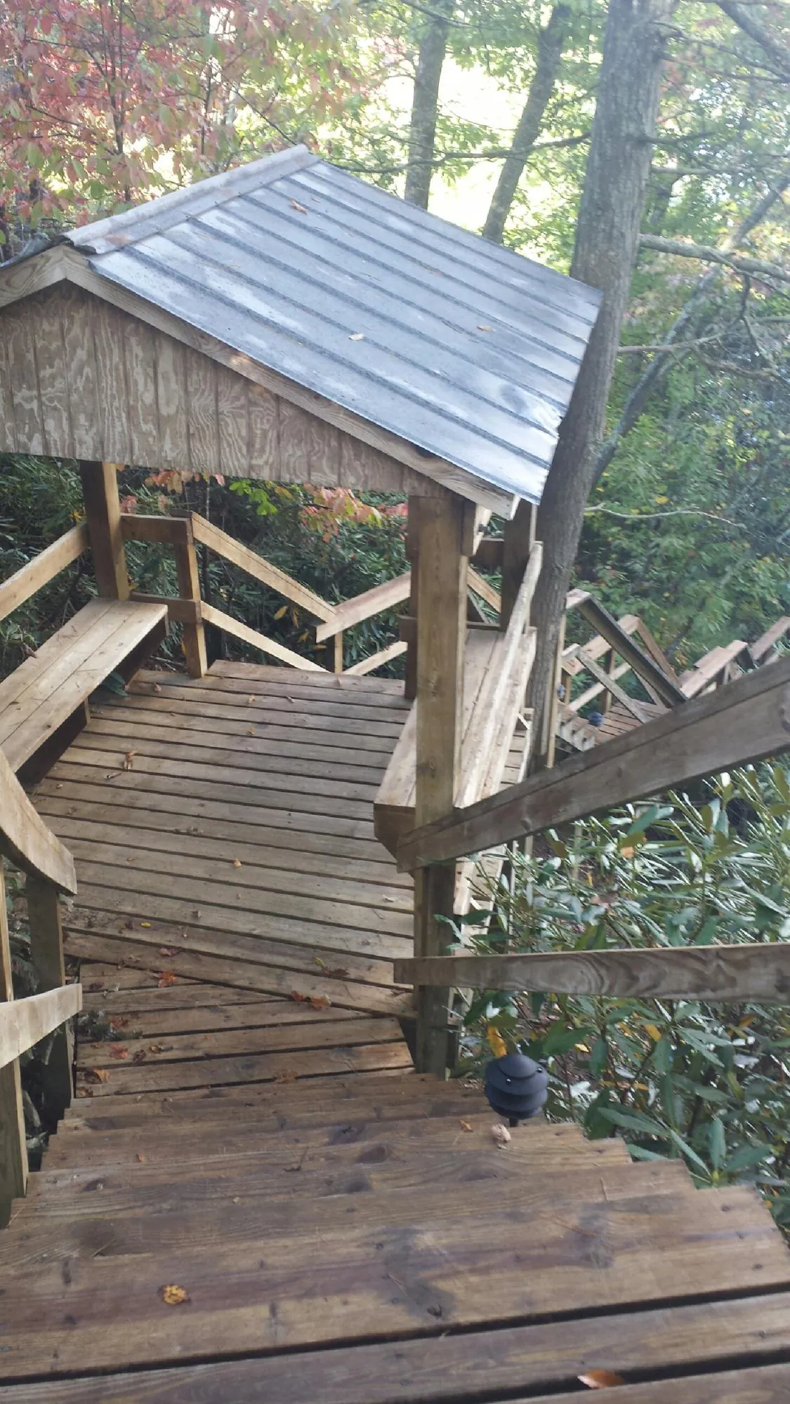 Metal roofed shelter over wooden steps on a wooded walkway — Skylight Repair & Installation work by our crew in Prospect